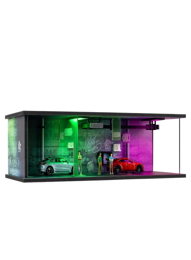 صندوق عرض سيارات بمقياس 1/64 بتصميم سايبربانك، مزود بإضاءة LED وغطاء أكريليك، مع مكانين لركن السيارات وإضاءة بنفسجية وخضراء. - Image 1